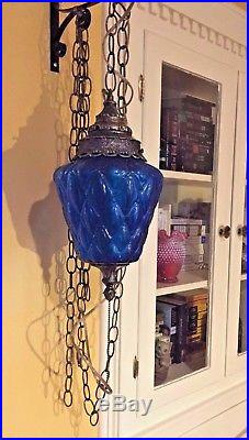 Vintage Mid Century Blue Glass Swag Hanging Lamp Light EF & EF Industries