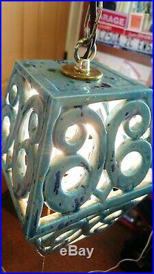 Vintage Mid-Century Blue Glazed Ceramic Hanging Light Swag Lamp