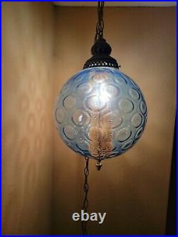 Vintage Mid-Century Blue Optic Glass Hanging Swag Lamp Globe Light Retro 10