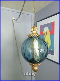 Vintage Mid Century Blue Optic Glass Hanging Swag Lamp Sphere