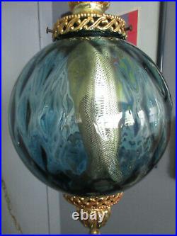 Vintage Mid Century Blue Optic Glass Hanging Swag Lamp Sphere