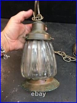 Vintage Mid Century Brass Hanging Glass light Fixture Swag Porch Light