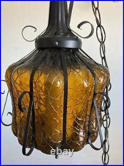 Vintage Mid Century Brown Glass Chain Hanging Swag Lamp Light Works