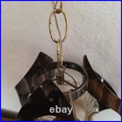 Vintage Mid Century Brutalist Metal Glass Swag Pendant Light Lamp