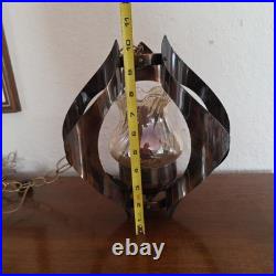 Vintage Mid Century Brutalist Metal Glass Swag Pendant Light Lamp