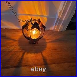 Vintage Mid Century Brutalist Metal Glass Swag Pendant Light Lamp