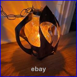 Vintage Mid Century Brutalist Metal Glass Swag Pendant Light Lamp