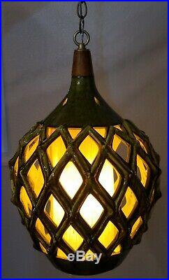 Vintage Mid-Century Ceramic Pottery Hanging Light Swag Lamp Works