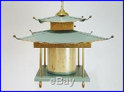 Vintage Mid-Century Chinoiserie Asian Green Pagoda Hanging Swag Lamp Light Retro