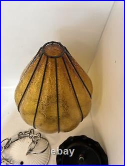 Vintage Mid Century Crackle Amber Glass Pendant Lamp / Hanging light fixture