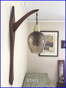 Vintage Mid Century DANISH MODERN Hanging Light TEAK Wall Mount PENDANT Lamp MCM