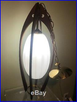 Vintage Mid-Century DANISH MODERN Walnut Frosted Glass Egg Hanging SWAG LAMP