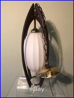 Vintage Mid-Century DANISH MODERN Walnut Frosted Glass Egg Hanging SWAG LAMP