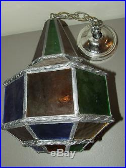 Vintage Mid Century Deco Stained Glass Hanging Ceiling Chandelier Lamp Light