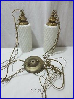 Vintage Mid Century Diamond Glass Hanging Light Fixture Double Pendant Swag lamp