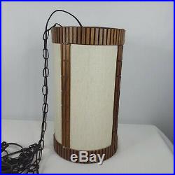 Vintage Mid Century Drum Lamp Hanging Swag Light With Chain Tiki Wood Trim
