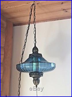 Vintage Mid Century Electric Blue UFO Optic Glass Hanging Swag Lamp Light 1960s