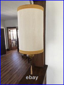 Vintage Mid Century Fabric Drum Shade Amber Glass Hanging Swag Lamp Light
