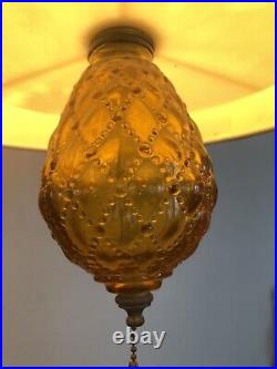 Vintage Mid Century Fabric Drum Shade Amber Glass Hanging Swag Lamp Light