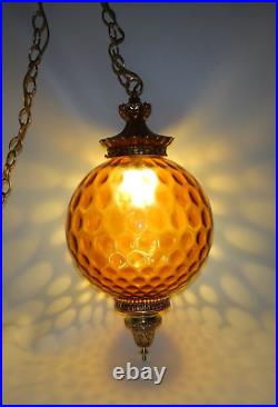 Vintage Mid Century Falkenstein Amber Bubble Glass Hanging Swag Lamp Light