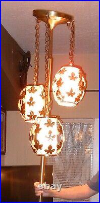 Vintage Mid Century Floor to Ceiling 3 Hanging Light Pole Lamp, 7.8' to 9.5