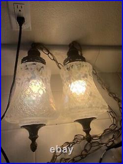 Vintage Mid Century Frosted & Textured Opalescent, Glass Swag Lamp Hanging Light