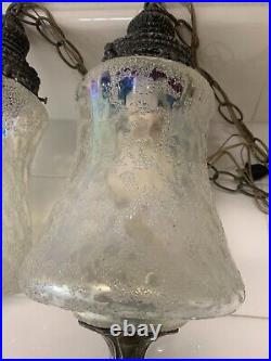 Vintage Mid Century Frosted & Textured Opalescent, Glass Swag Lamp Hanging Light