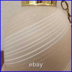 Vintage Mid Century Glass Bell White And Tan/Gold Swirl Swag Lamp Hanging Light