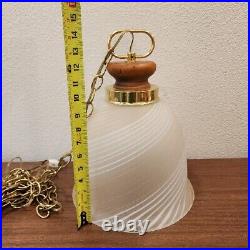 Vintage Mid Century Glass Bell White And Tan/Gold Swirl Swag Lamp Hanging Light
