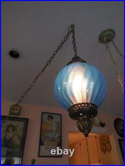 Vintage Mid Century Globe Hanging Swag Lamp Light Chain Pendant Orb Rare Blue