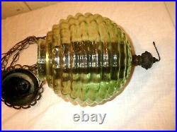 Vintage Mid Century Green Glass Chain Hanging Swag Lamp Light Works