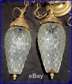 Vintage Mid Century HOLLYWOOD REGENCY Hanging Glass & Brass Swag Double Lamp
