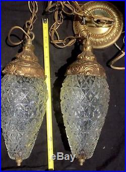 Vintage Mid Century HOLLYWOOD REGENCY Hanging Glass & Brass Swag Double Lamp