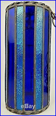 Vintage Mid Century Hand Made Blue Stained Glass Hanging Swag Light Lamp Tested