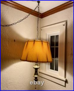 Vintage Mid Century Hanging Brass Swag Lamp Ceiling Reading Light with Shade