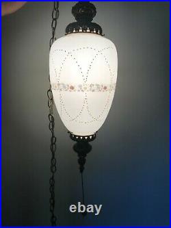 Vintage Mid Century Hanging Frosted Glass Acorn Swag Light with Embossed Flowers
