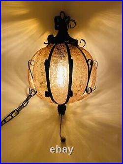 Vintage Mid Century Hanging Lamp Swag Light Crackle Glass Globe Pendant Chain