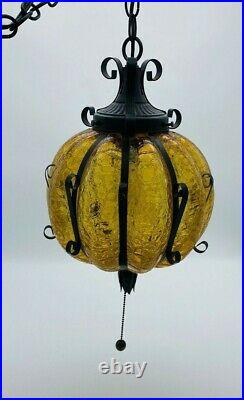 Vintage Mid Century Hanging Lamp Swag Light Crackle Glass Globe Pendant Chain