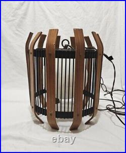 Vintage Mid Century Hanging Light Teak Style Wood & Iron Cage 14T x 13W
