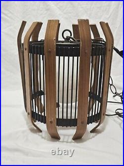 Vintage Mid Century Hanging Light Teak Style Wood & Iron Cage 14T x 13W