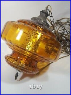 Vintage Mid Century Hanging Swag Amber Glass Globe UFO Lamp