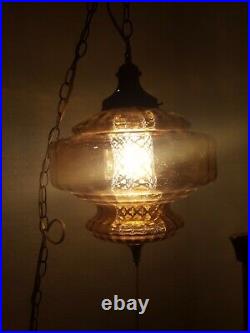 Vintage Mid Century Hanging Swag Amber Glass Globe UFO Lamp