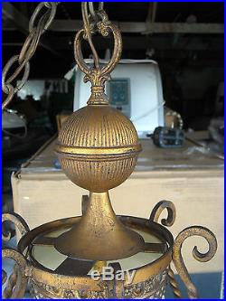 Vintage Mid Century Hanging Swag Chandelier Lamp Gold Wrought Iron Italy
