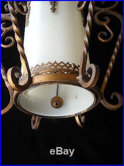 Vintage Mid Century Hanging Swag Chandelier Lamp Gold Wrought Iron Italy