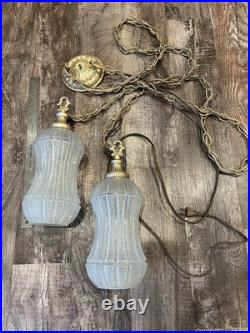 Vintage Mid Century Hanging Swag Double Pendant Lights Textured Clear Globes