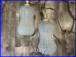 Vintage Mid Century Hanging Swag Double Pendant Lights Textured Clear Globes