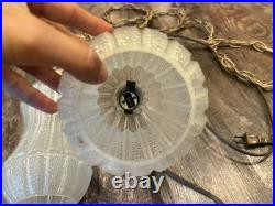 Vintage Mid Century Hanging Swag Double Pendant Lights Textured Clear Globes