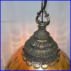 Vintage Mid Century Hanging Swag Lamp Globe Spiral Quilt Amber