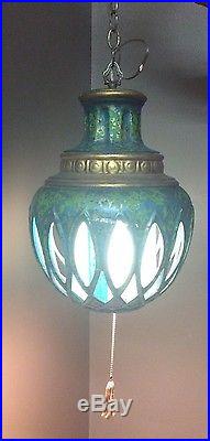 Vintage Mid-Century Hanging Swag Lamp Teal Blue Green Gypsy Boho Metal Chain