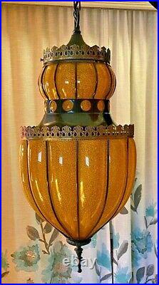 Vintage Mid Century Hanging Swag Light BIG Lamp Foyer Amber Glass pumpkin gothic
